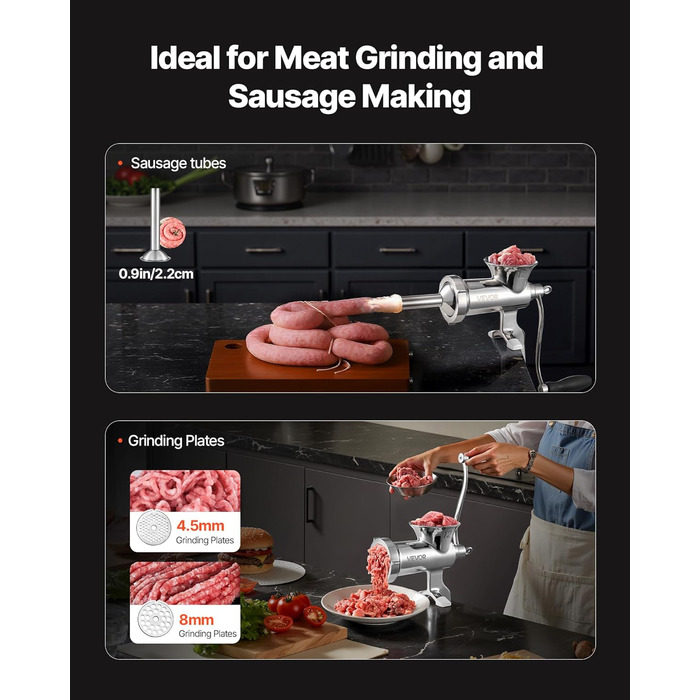 М'ясорубка ручна VEVOR з нержавіючої сталі 304, диски 4.5/8 мм, для фаршу та ковбас, 38 см, срібляста