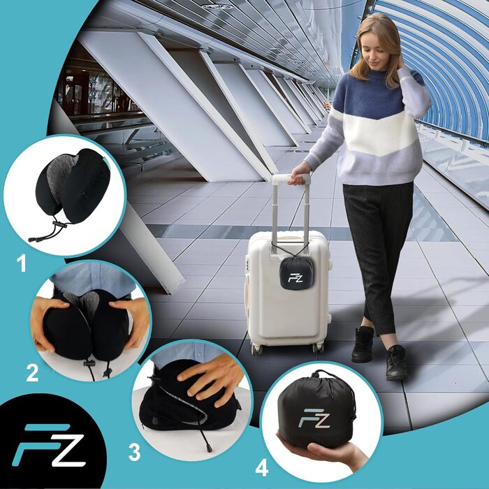 Подушка для шиї FLOWZOOM Comfy для літака та авто - регульована подушка з піною з пам'яті з гнучкими кнопками для 360° підтримки, дихаючий, пральний чохол - з сумкою - Чорний (Dream - Classic - Чорний)