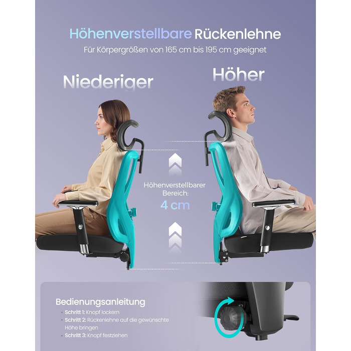 Офісний стіл SONGMICS: ергономічне крісло з регульованою поперековою підтримкою, підголівником та підлокітниками, до 150 кг, чорний OBN067BH01