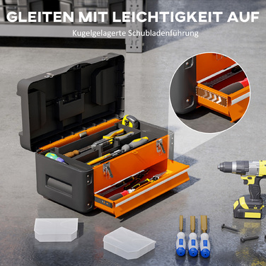 Набір інструментів порожній, 49,7 x 25,3 x 23 см. Ящик для інструментів з висувною шухлядою, міні-бокс зі сталі, помаранчевий.