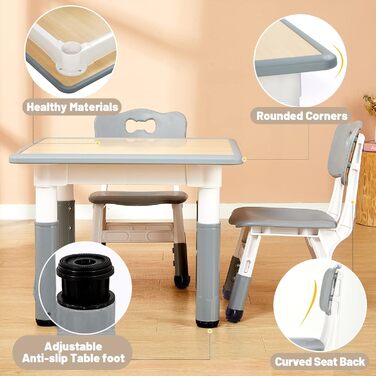 Дитячий стіл та стільці FUNLIO, регульовані по висоті, для дітей 3-8 років, миючий стіл, для класу/дитсадка/дому, сертифікований CPC (3 шт.) - сірий, 59.7 см x 59.7 см