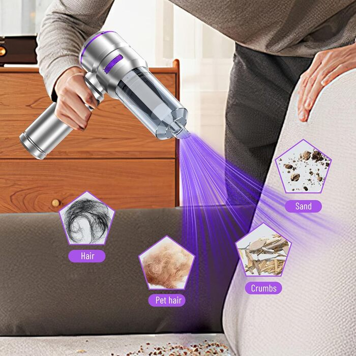 Акумуляторний ручний пилосос 4 в 1 для авто та дому, безщітковий двигун 22000Па, потужність 6000 мАг, портативний електричний пилосос-подув з набором щіток (Сріблясто-фіолетовий)