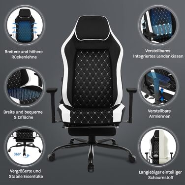 Ігровий крісло WOLTU, ергономічний офісний стілець з інтегрованим м'яким наповнювачем, адаптивною підтримкою попереку, підставкою для ніг та регульованими підлокітниками, металевий каркас