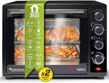 Міні-піч TurboTronic 35л з конвекцією, чорна, 1600W. 2 дека, таймер, піч для піци та гриль