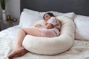 Подушка для вагітних Pharmedoc, з-подібна подушка для сну на боці, підтримка спини, стегон, ніг, живота для вагітних (органічна, Бежева)