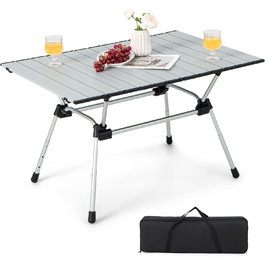 Кемпінговий стіл COSTWAY складний, регульований по висоті розкладний стіл з алюмінієвою стільницею, розкладний стіл садовий стіл з рулонною стільницею, включаючи сумку для перенесення, 90 x 60,5 x 52 см (сріблястий)