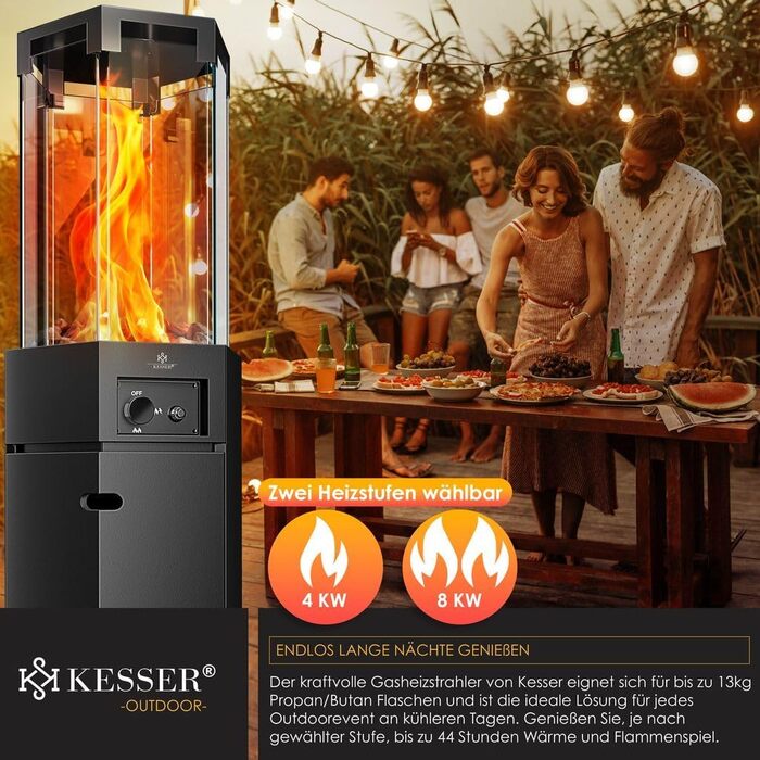 Газовий обігрівач KESSER® 4/8 кВт з п'єзозапалюванням, регулятором тиску газу та захисним кожухом. 360° поворот, захист від перекидання. Підходить для тераси, вулиці, кемпінгу. Чорний колір.