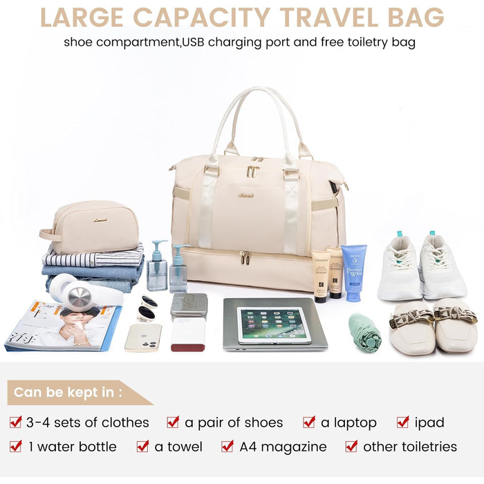 Спортивна сумка Lovevook для подорожей: жіноча дорожня сумка-шопер, сумка для вихідних з косметичкою, відділенням для взуття та мокрих речей, водонепроникна, 37л, бежева