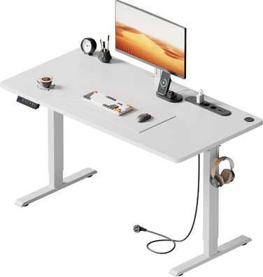 Регульований стіл з USB-зарядкою та розеткою, 100 × 60 см. Електричний стіл, регульований комп'ютерний стіл з 3-функціональною пам'яттю, білий. 100 x 60 см