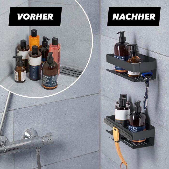 Набір душових полок BENKSTEIN 2 шт. | Без свердління | Кріпиться без свердління | Органайзер для душу, полиця для шампуню та гелю для душу | Чорний, для ванної кімнати