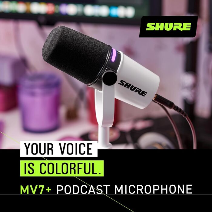 Мікрофон Shure MV7+ для подкастингу, покращений звук, LED-тачпанель, USB-C/XLR, авто-рівень, цифровий поп-фільтр, ефекти реверберації, для запису, стрімінгу, білий