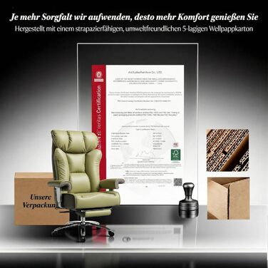 Офісний стілець Efomao XXL до 200 кг з підставкою для ніг, екошкіра, висока спинка, регульовані підлокітники, підтримка попереку, сірий