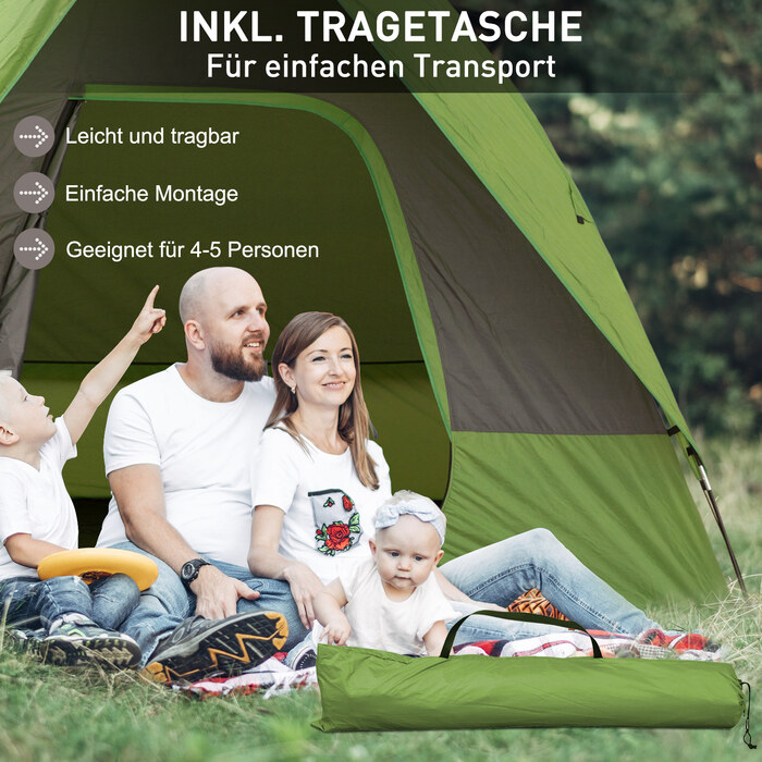 Автомобільний намет Outsunny Camping Tent на 4-5 осіб, 300 x 300 x 230 см, виготовлений зі скловолокна та поліестеру, зелений, ідеально підходить для пригод на свіжому повітрі