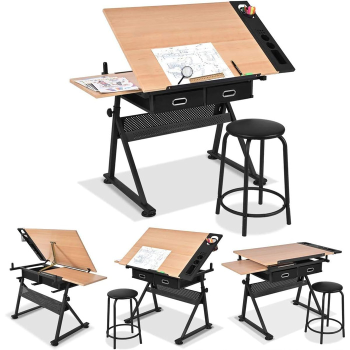 Стол для малювання RELAX4LIFE з регулюванням висоти та нахилу, з ящиками та пуфом, 110 x 69,2 x 73,5-98 см, професійний стіл для художника з двома столешницями, дерев'яний