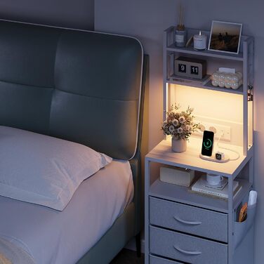 Нічний столик з підзарядкою та LED, бічний столик з 3 висувними ящиками з тканини, тумбочка з полицею для книг, відкрите відділення, 2 розетки AC, USB та Type C порти, для спальні, вітальні, офісу (40x30x60 см, Білий, 1)