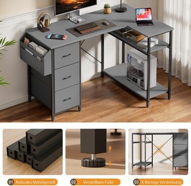 Комп'ютерний стіл HLONONE L-подібний з 3 ящиками для тканини, з полицями та бічною кишеню, для офісу, геймінгу та дому, білий (120 x 80 см, сірий)