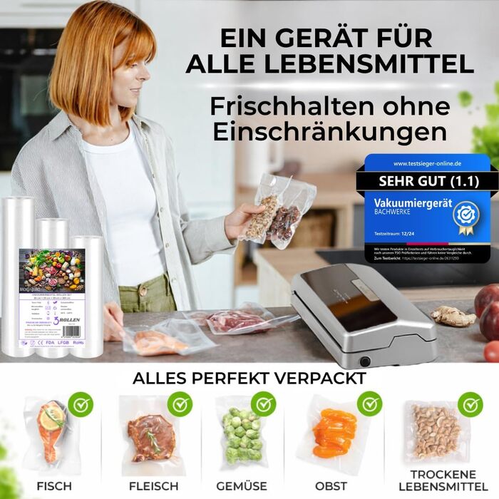 Вакууматор для продуктів BACHWERKE з рулоном та 10 пакетами, ширина шва 32 см, вакуумна машина для зберігання їжі, срібляста
