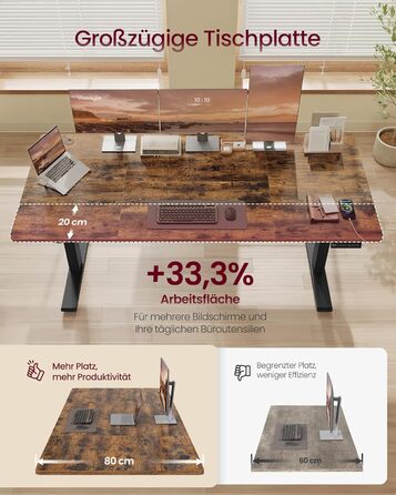 Стол для роботи VASAGLE з регулюванням висоти, USB-C, підставка для розеток, стоячий стіл, нагадування про перерви, 3 пам'яті, 180x80 см, Vintage Brown