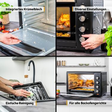 Міні-піч TZS First Austria 60L 2000W з регулюванням температури до 230°C, 6 режимів, таймер на 60 хв, 4 рівні встановлення, дека, решітка-гриль та вертулка