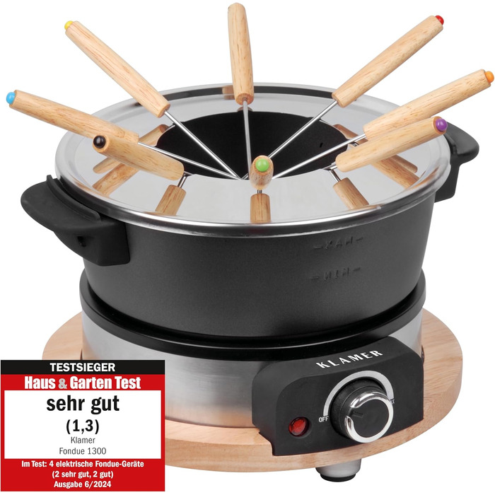 Електричний Фондю-набір KLAMER для 8 осіб з 8 виделок, регулювання температури, захист від бризок, посуд з алюмінію, екологічна обкладка з каучуку