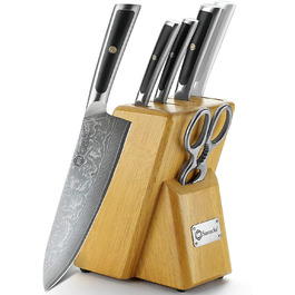 Набір ножів Sunnecko 6 предметів з блоком: кухонні ножі з дамаської сталі, ергономічні ручки, кухонні ножиці, тримач для ножів, дерев'яний блок
