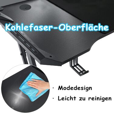 Ігровий стіл 120x60 см Чорний стіл з вуглецевого волокна Стіл для геймерів Ергономічний стіл для ПК з отвором для кабелю та світлодіодом