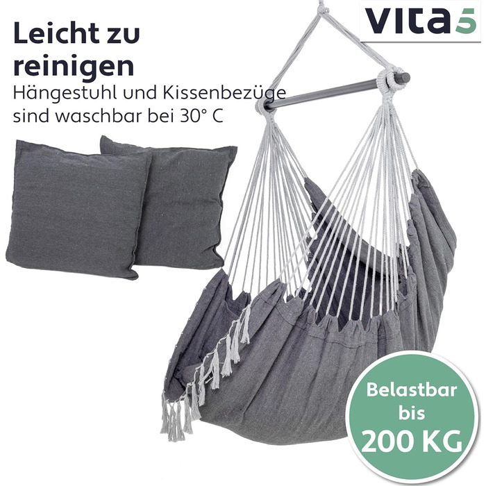 Підвісне крісло на відкритому повітрі - Стійке та безпечне крісло-гамак - Стильне підвісне крісло для приміщень - Гойдалка для дорослих та дітей - Зручне оформлення кімнати в стилі бохо - Вантажопідйомність 200 кг (темно-сірий без підвісного комплекту), 5