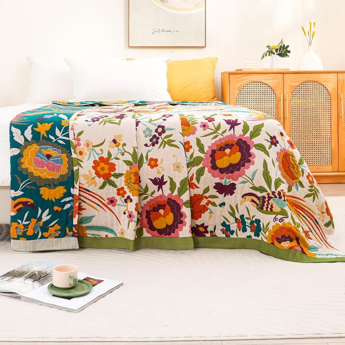 Плед Boho з 100% бавовни, стиль кантрі, 150x200 см, гранатовий колір. Плед на диван та ліжко з квітковим візерунком (квіти, птахи)