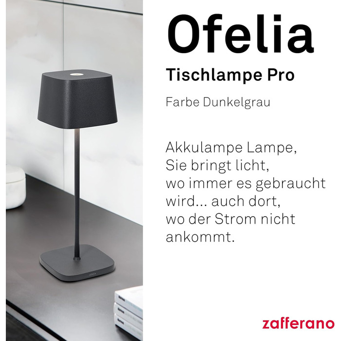 Zafferano Ofelia: Бездротова настільна лампа з сенсорним керуванням, для дому та вулиці, диммер, 2200-3000K, висота 29 см, темно-сірий