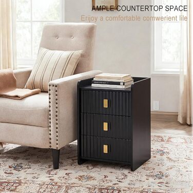 Нічний столик з 3 шухлядами, дерев'яний, з різьбленою передньою частиною, чорний. Нічний столик для спальні, вітальні, легко збирається.