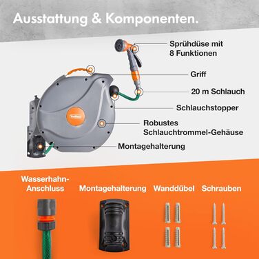 Шланг-змотчик VonHaus 30м з автоматичним підйомом, поворотний на 180°, з пістолетом для поливу (20м)