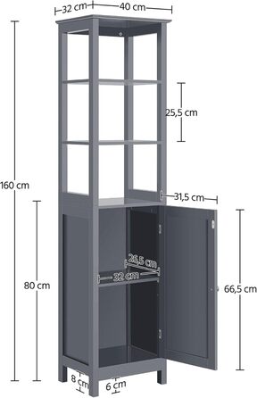 Висока шафа Yaheetech, тумба для ванної кімнати, полиця для підставки, 3 відкриті відділення, регульована полиця, темно-сірий