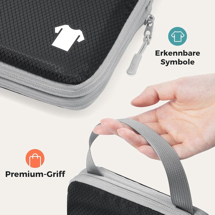 Набір органайзерів для валізи та рюкзака з компресією, водонепроникні пакувальні куби для подорожей, 8 предметів, чорний