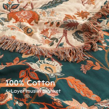 Богемна ковдра Softexly Boho Decke 100% бавовна – двостороння муслінова ковдра 150x200 см, м'яка софа/ліжко, естетичний дизайн, для вітальні та спальні, помаранчевий/зелений (230 x 250 см, Квіткова мелодія)