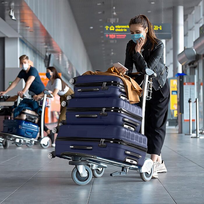 Набір валіз LALAHO 3/4/5 шт. з косметичками, ABS, для подорожей, ручна поклажа (темно-синій)