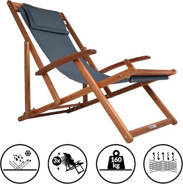 Лежак для відпочинку Casaria® з дерева, вологостійкий, складаний, регульований, до 160 кг, підлокітники, подушка для шиї, для саду та балкону, акація, 94x94x60 см, антрацит
