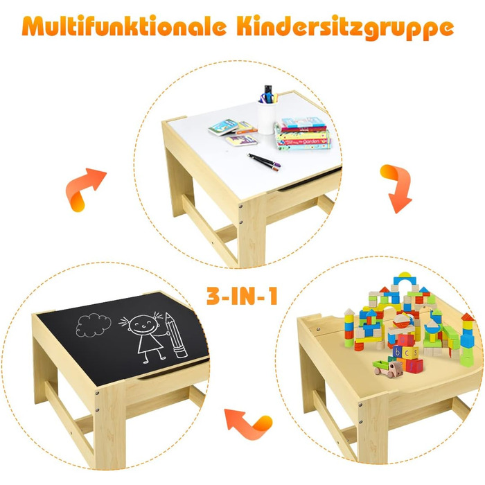 Дитяча група розсадки стіл і 2 стільці, стіл для малювання 3 в 1 / стіл для занять / стіл для шкільної дошки, 3-7 років, 3 шт.