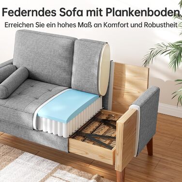 Диван Vesgantti 2-місний, 121 см, сучасний дизайн, 2 подушки, сірий льон для вітальні/квартири/офісу