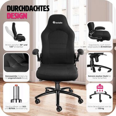 Офісний крісло tectake з регульованими підлокітниками та функцією гойдання, обертовий крісло з регулюванням висоти та роликами, крісло для керівника з тканинним покриттям, ергономічне офісне крісло, комп'ютерне крісло - чорне