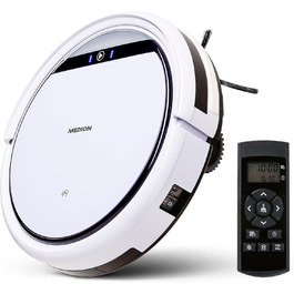 Робот-пилосос MEDION MD 18500 з базою для зарядки, білий (90 хв роботи, для твердих підлог, плитки, ламінату, оптимізований для шерсті тварин, прямий всмоктування, автоматичне повернення на базу)