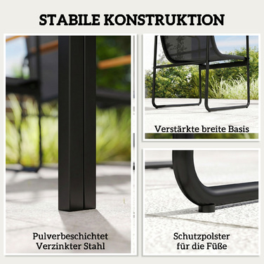 Набір садових меблів: комплект для відпочинку 150 x 80 см з розкладним столиком зі скла та 6 дихаючими стільцями з декоративними підлокітниками, колір - чорний.