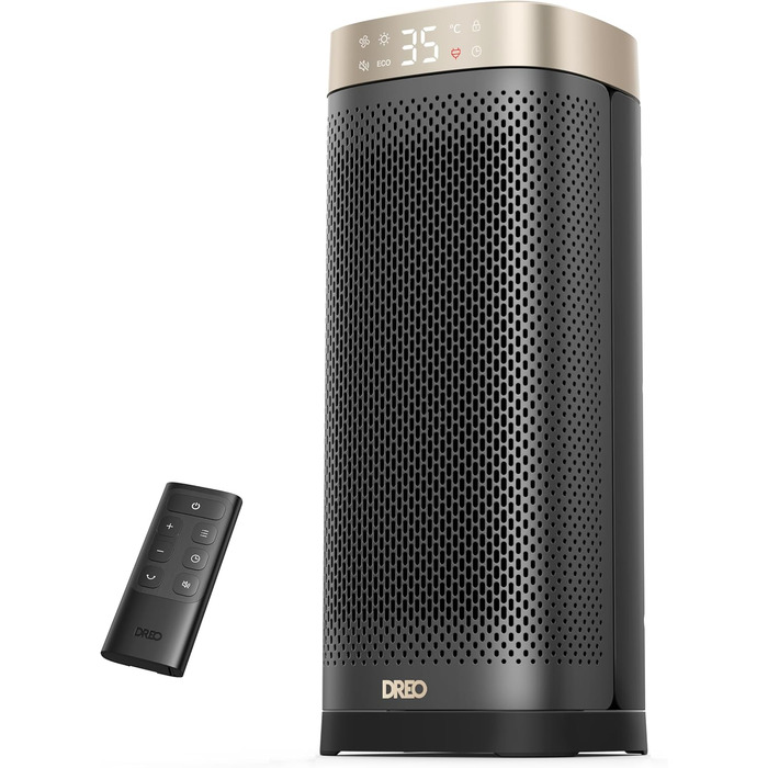 Електричний обігрівач DREO Solaris Slim H2, 2000W, керамічний, з термостатом, таймером, 3 режими, осциляція 70°, захист від перегріву та перекидання, золотий