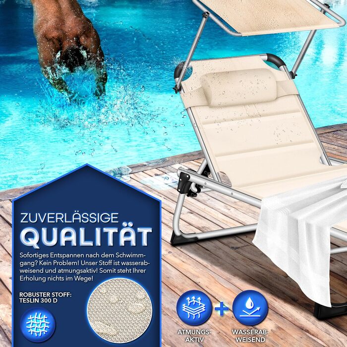 Сонячне ліжко Tillvex® з дахом та подушкою для голови | Садова лежанка, розкладний шезлонг | Пляжний лежак з регульованою спинкою | Алюмінієве ліжко (ліжко з преміум-подушкою, бежеве)