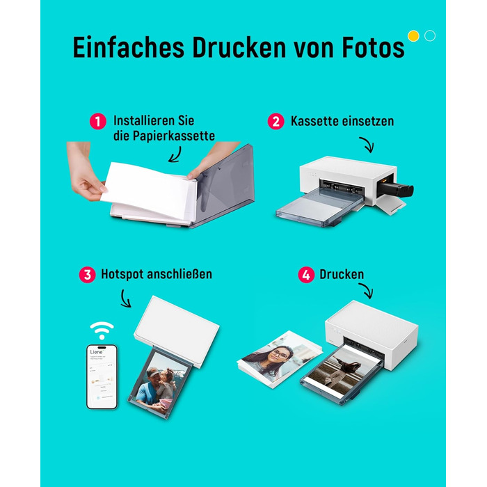 Портативний фотодрук для смартфонів Liene (10x15 см) + 2 пачки фотопаперу (20+80 листів), WiFi, сумісний з iPhone/Android/PC, 300 DPI, кольорова сублімація, білий