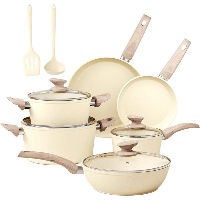 Набір посуду MAISON ARTS 12 предметів: каструлі та сковорідки з антипригарним покриттям, гранітне покриття, для плити та індукції, бежевий