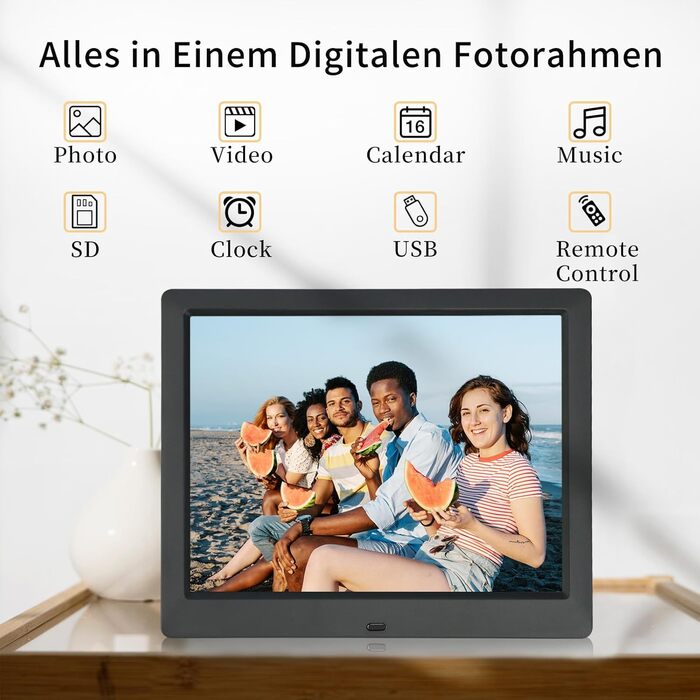 Цифровий фоторамка TSITSC 8.7 дюйма, IPS-екран 1024*768, календар, годинник, музика, фото/відео, USB/SD, з пультом, чорний