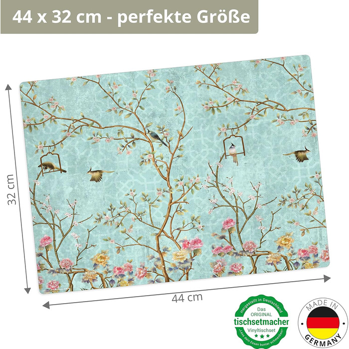 Набір килимків на стіл | Килимок для столу, миється - Квітковий вінтажний мотив з птахами - з високоякісного вінілу (пластик, BPA-free) - 4 шт. - Антиковзка підставка для столу - Килимок на стіл - Зроблено в Німеччині