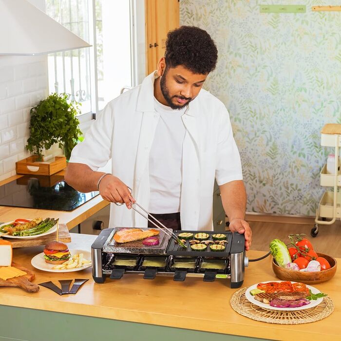 Електричний гриль-раклениця Cecotec MixGrill 16000 Inox – 1400 Вт, 8 персон, з регулюванням температури, 2 нагрівальні пластини (алюміній та натуральний камінь) 20x22 см, 8 сковорідок та 8 лопаток