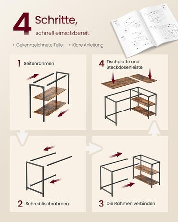 Кутовий стіл VASAGLE L-подібної форми з полицею, для офісу та дому, 110 x 80 см, vintage brown