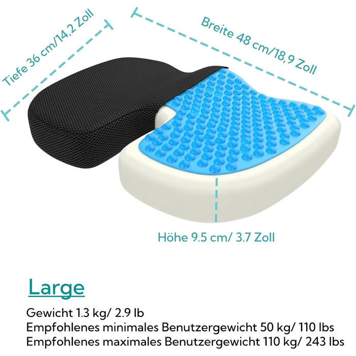 Ортопедична подушка для сидіння Bonmedico з Memory Foam та гелевим наповнювачем - для автомобіля, офісного крісла та інвалідного візка. Великий розмір (Блакитний)